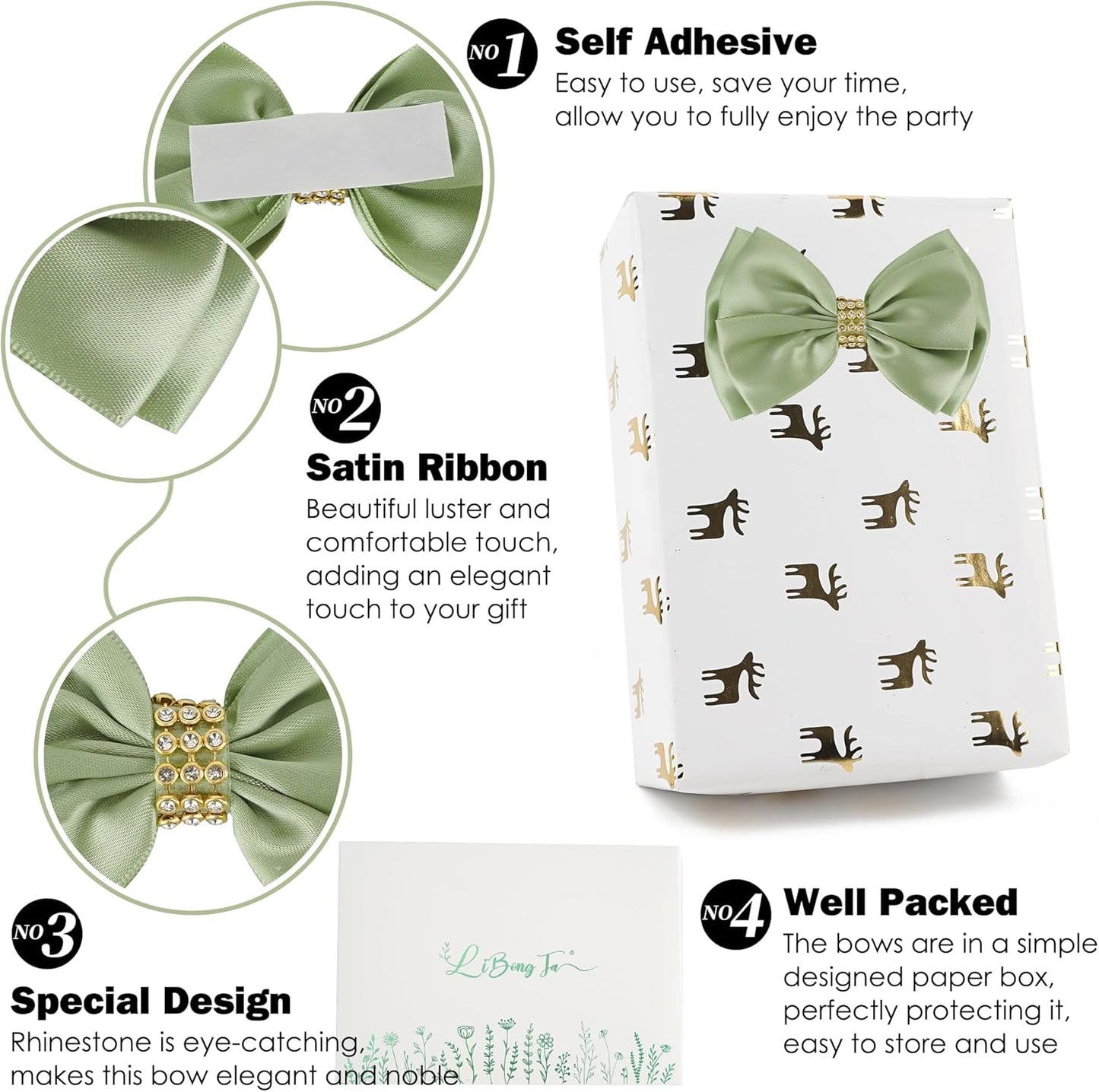 Sage Green Bows 4'' Premade Satin Ribbon Bow, Gift Bows with Rhinestone, Wrapping Bows for Presents, Greeting Cards, Treat Bags, Wine Bottles, Valentines Bows for Gift Wrapping-12 Counts