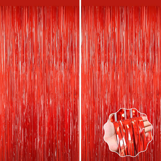 Red Tinsel Backdrop, 2Pack Fringe Curtains, Red Foil Tinsel Party Streamer Backdrop Curtains, Engagement Wedding Photo Backdrop Party Decorations for Wedding Anniversaries Christmas Baby Shower Decors