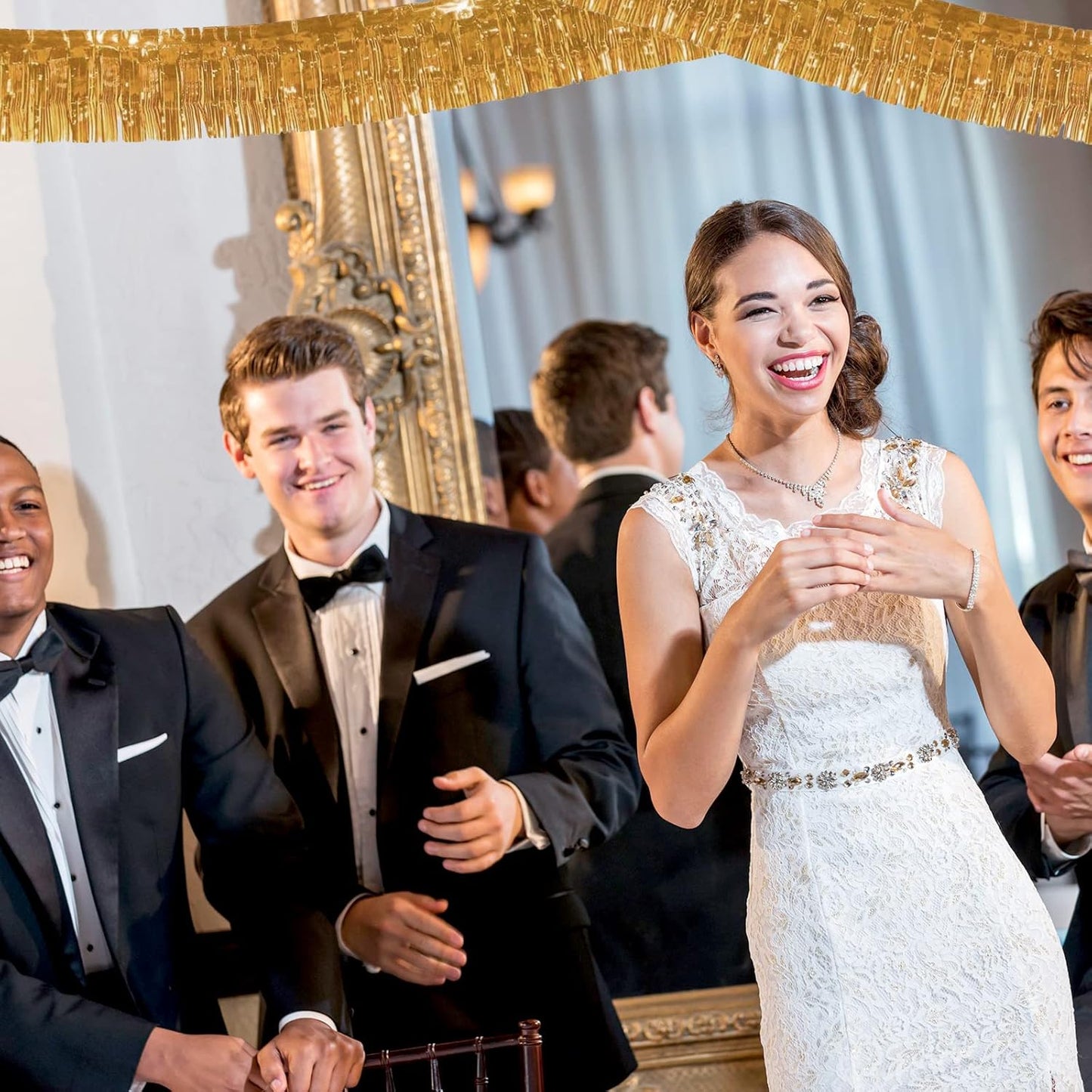 6 Pack 10 Feet Champagne Gold Foil Fringe Garland Metallic Tinsel Streamers Banner Wall Hanging Backdrop Banner for Parade Floats, Thanksgiving, Christmas, Birthday, Halloween Party Decorations