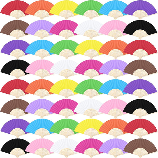 Aneco 48 Pieces Handheld Paper Fans Paper Folding Fans with Bamboos for Wedding Gift, Party, Home, DIY, Multicolor