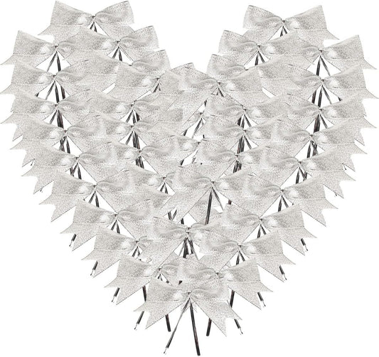 50pcs 3-1/2" Silver Twist Ties Metallic Silver Bows with Twist Tie Bows Fish Tail Cuttiog(Silver.)