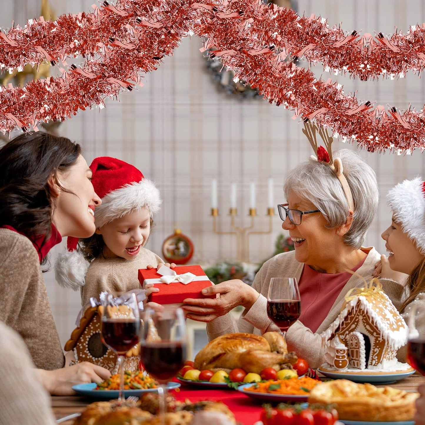 72 Feet Christmas Tinsel Garland Shiny Metallic Tinsel Twist Garland Streamers Ornaments Long Glitter Christmas Tree Hanging Decorations for Party Holiday Wedding Birthday Tree Wall Rail (Rose Gold)