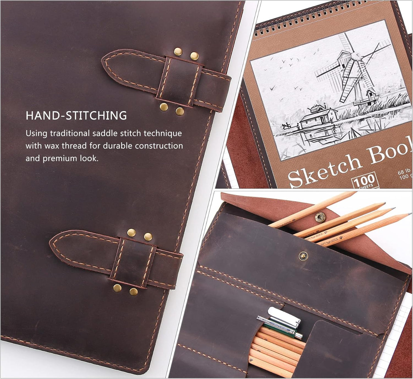 Robrasim Handmade Leather Sketchbook Cover, Artist Sketch Pad Holder for 9"X12" Top Spiral Bound Sketchbook, Drawing Book Pencil Case, Journal Portfolio with Shoulder Strap, Artist Gifts,Coffee