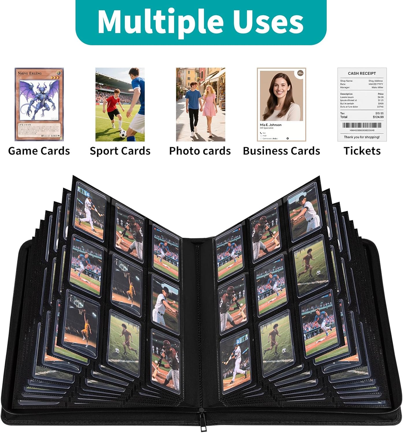 9-Pocket Toploader Binder, Baseball Football Sports Game Cards for 3"x4" Rigid Toploaders Trading Card Collection Album Holds 288 Cards Waterproof Storage Book Easy to Insert(Green)