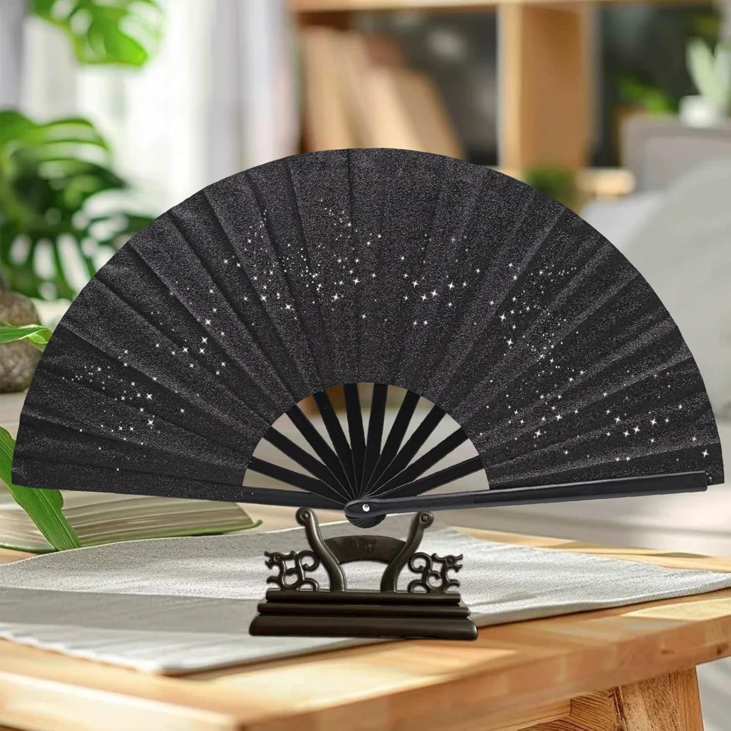 Glitter bling Large Folding Fan-Hand Fan Rave Clack Popping Fan for Line Dancing Clacking Fans for Boots On The Ground Dance, Party for EDM, Music Festival, Hot Flashes, Party, Decoration(3pcs black)