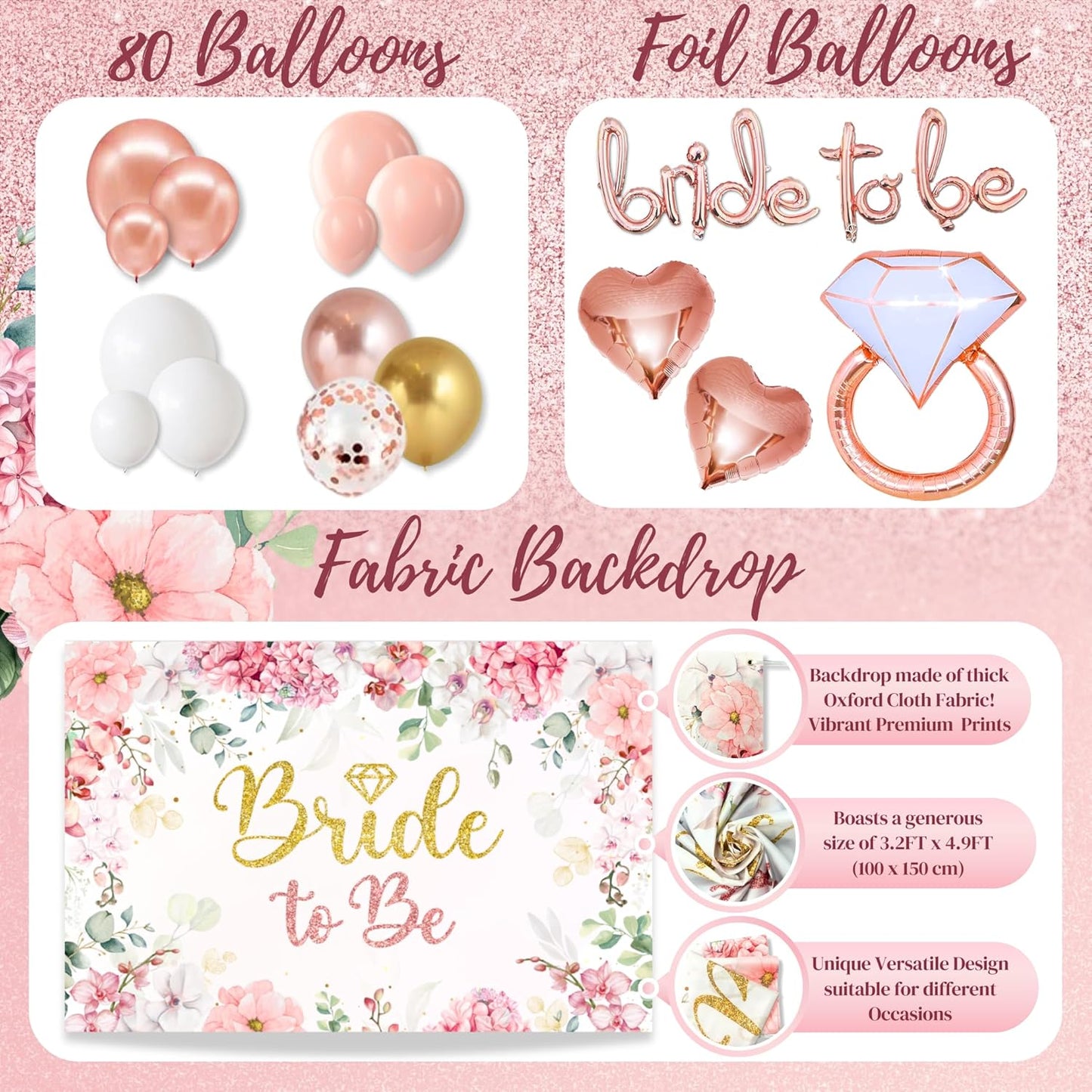 189 pc Bridal Shower Party Decorations – Balloons, Bride to Be Sash, Veil, Headband, Backdrop, Props – Pink Bachelorette Party Decorations for Engagement, Wedding, Rose Gold Bridal Shower Decorations