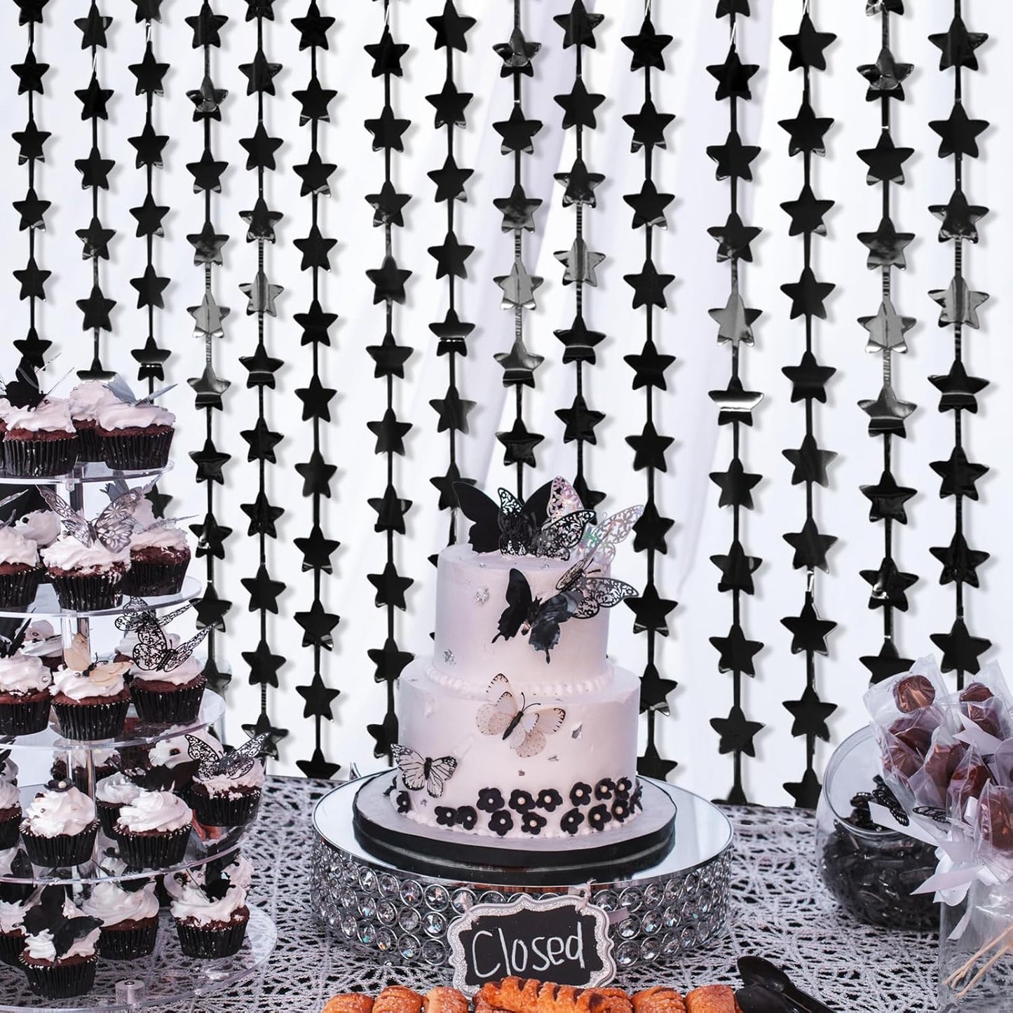 LOLStar Black Stars Happy to my 20s Birthday Decorations for Men Boy 2Pack 3.3X6.6ft Each Black Backdrop Star Foil Fringe Curtains for Graduation Decorations Class of 2025 New Years Eve Party Supplies