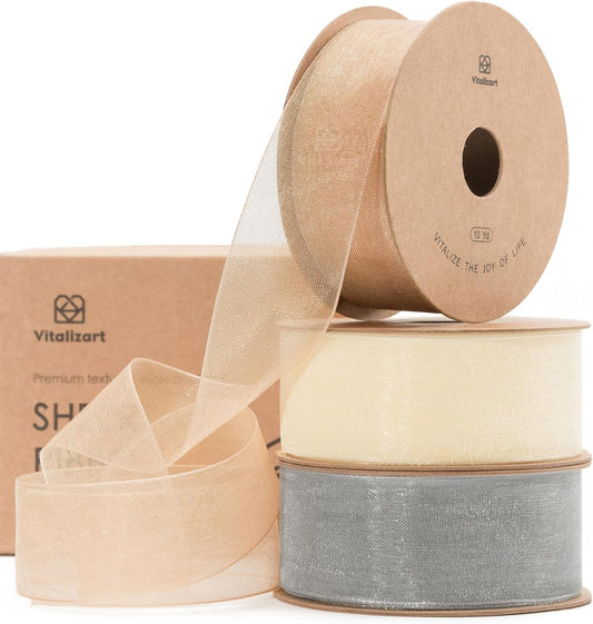 Vitalizart Organza Sheer Ribbon 1 inch x 30 Yd Cream White Rose Gold & Silver Handmade Fabric Ribbons for Gift Wrapping Christmas Tree Crafts Bows Wedding Invitations Wreaths Wrap