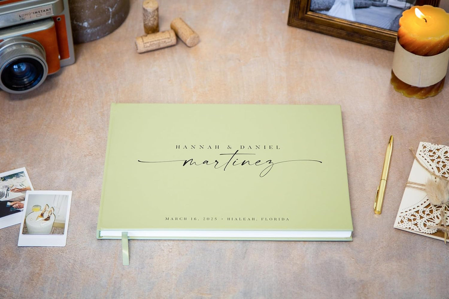 Personalized Guest Book - 11.5" x 8.5" Custom Bride & Groom Names with Bookmark and Hard Cover 140 GSM Blank Pages, for Weddings Guest Book, Engagements, Birthdays, Special Events, Sage