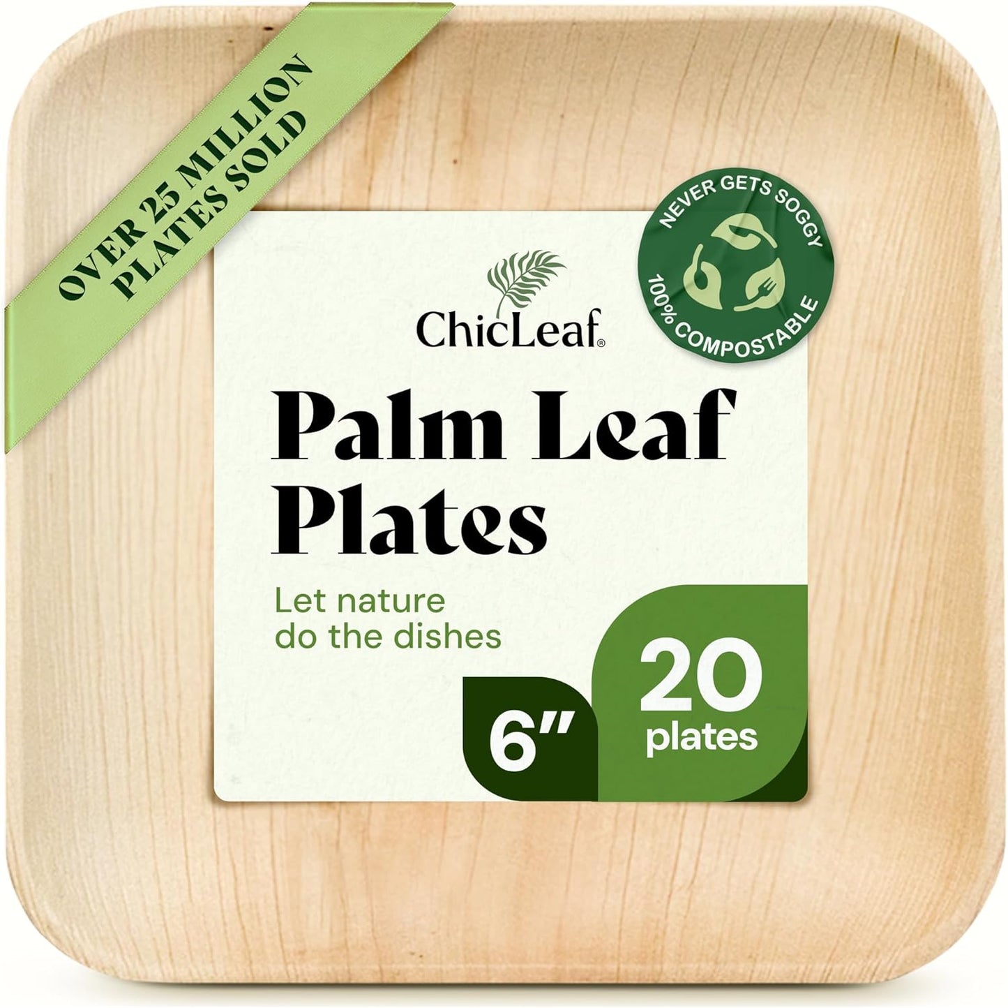 Chic Leaf Compostable & Biodegradable Palm Leaf Disposable Bamboo Plates | Disposable Party Plates for Appetizers - Party Supplies (6'' - 20 Pack)