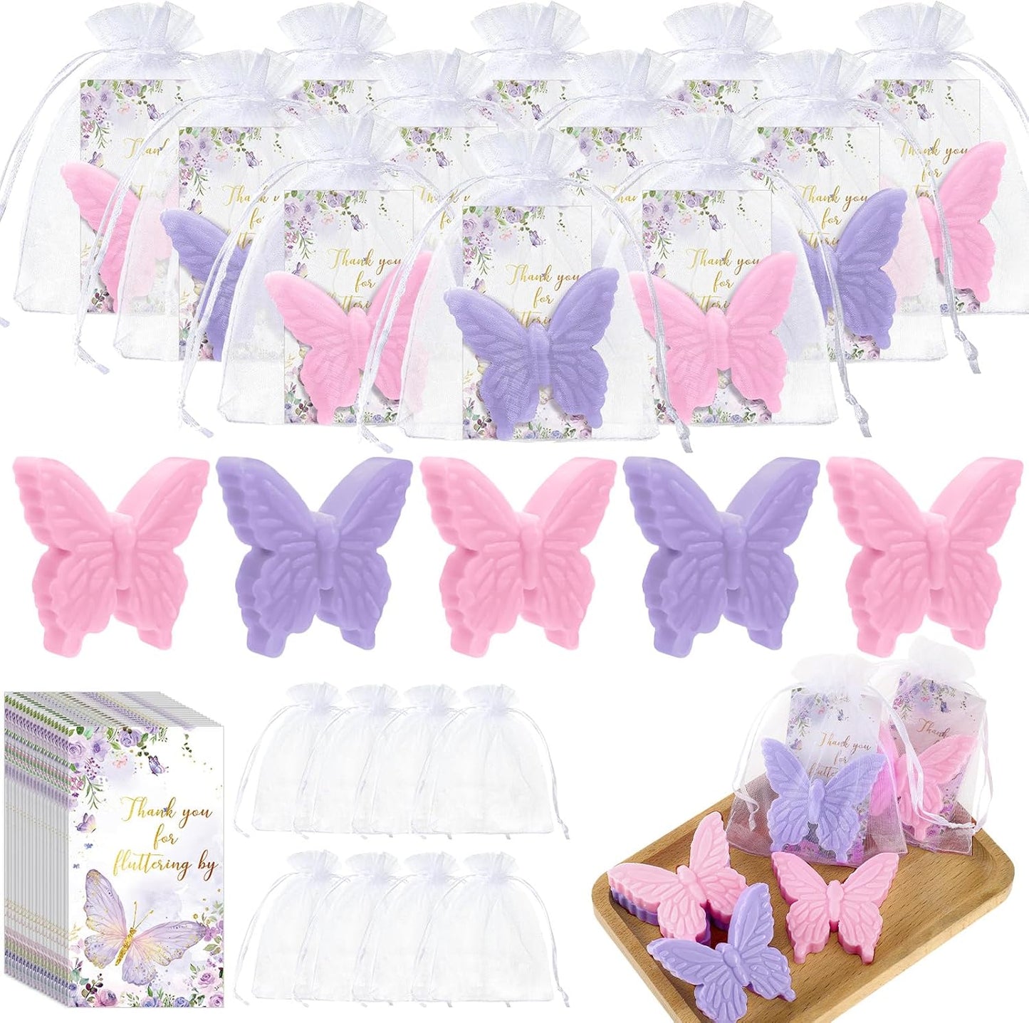 Dunzy 30 Sets Butterfly Theme Baby Shower Favors for Guests Butterfly Soap Favors with Thanks You Cards Gift Bags Gender Reveal Baptism Party Decorations Wedding Bridal Souvenirs (Purple,Pink)