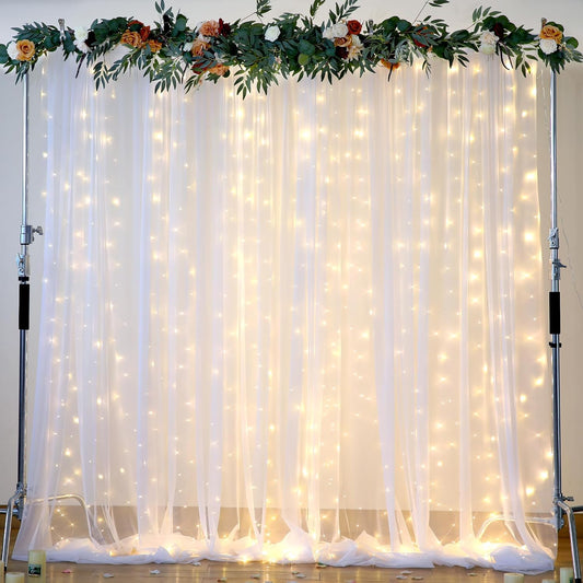 Suppromo White Tulle Backdrop Curtain with Lights String for Parites 20×8ft Sheer Curtains Wedding Baby Shower Birthday Party Photo Shoot Decorations(4 Panels 5ft×8ft)