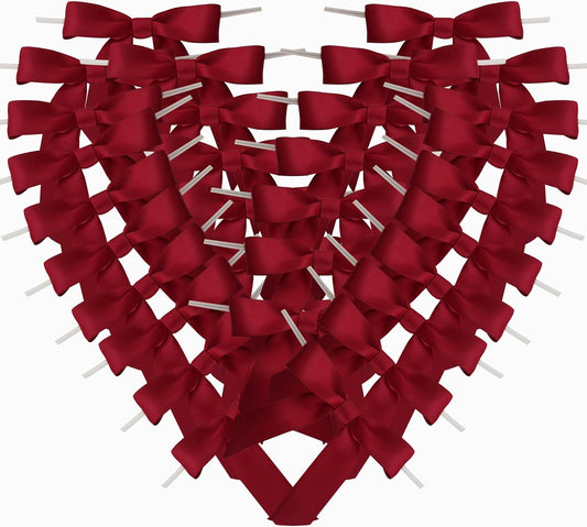 50pcs 2-1/2" Burgundy Satin Ribbon Bows with Twist Tie Bows for Christmas Gift Packing&Wrapping (Burgundy)