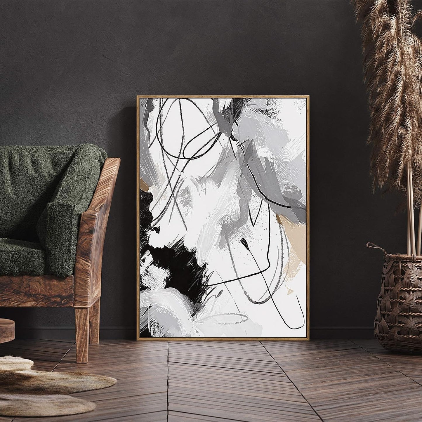 myusuar 3 Piece Large Modern Abstract Canvas Framed Wall Art For Living Room, Black And White Lines Minimalist Wall Art Decor Posters Prints For Bedroom Office, 16x24in