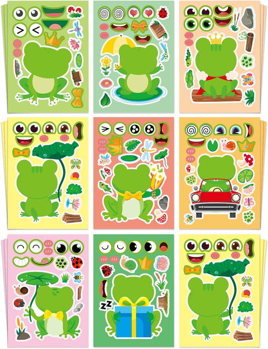Aowplc 32 Sheets Frog Make-a-Face Stickers for Kids 8 Cute Designs Frog Craft Activities & Party Favors