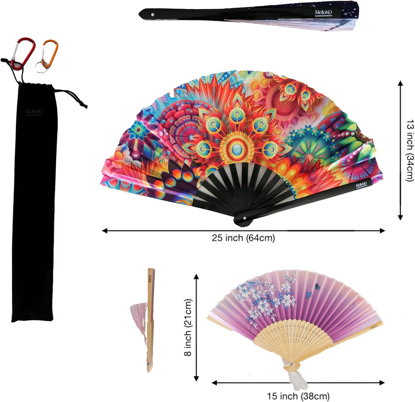 Rave Fan - Large Folding Fans (2 Pack) - Holder - Floral Paradise Design for Festivals, EDM, Burlesque, Drag Queen, Raver Gifts