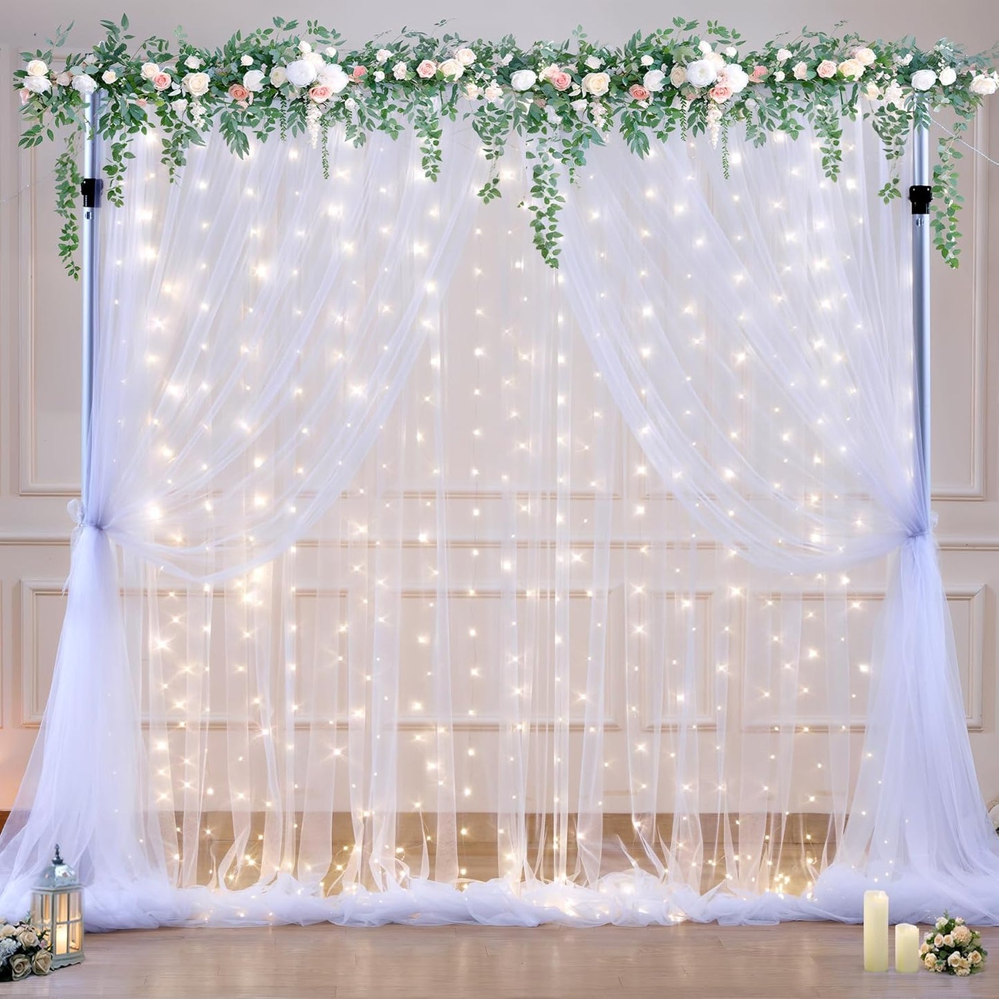 10ft x 10ft White Tulle Backdrop Curtain with Lights String for Parties Wedding Bridal Shower Sheer White Curtain Backdrop for Birthday Baby Shower Photo Booth Background Decorations