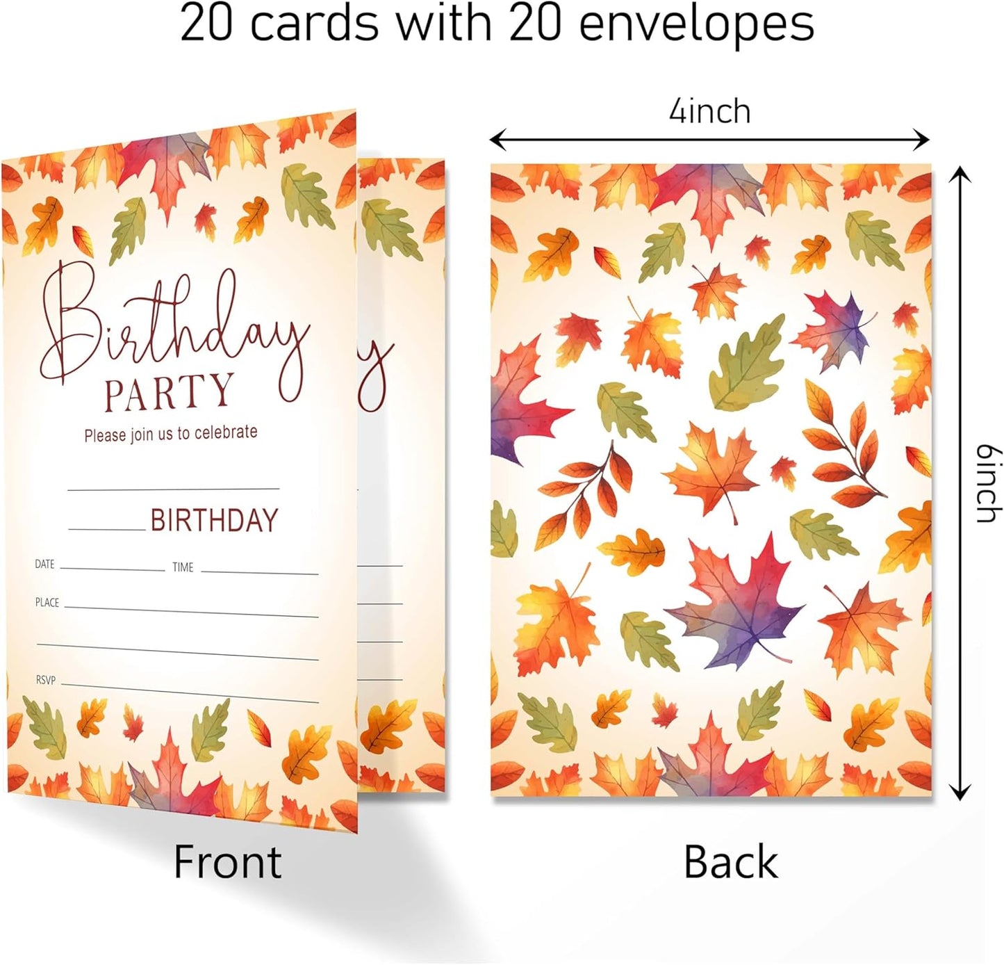 Fall Birthday Invitation Cards with Envelopes Pack of 20 (4"x6") - Leaf Autumn Themed Birthday Party Invitations.(159)