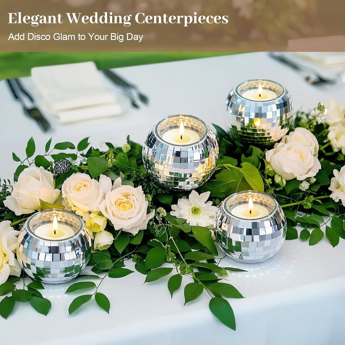 Luditek Disco Ball Candle Holders, 12 Pcs Mirror Silver Decor for Christmas Birthday Wedding NYE Party Decorations, Glass Votive with Tealights for Home Table Centerpiece, Gifts for Women