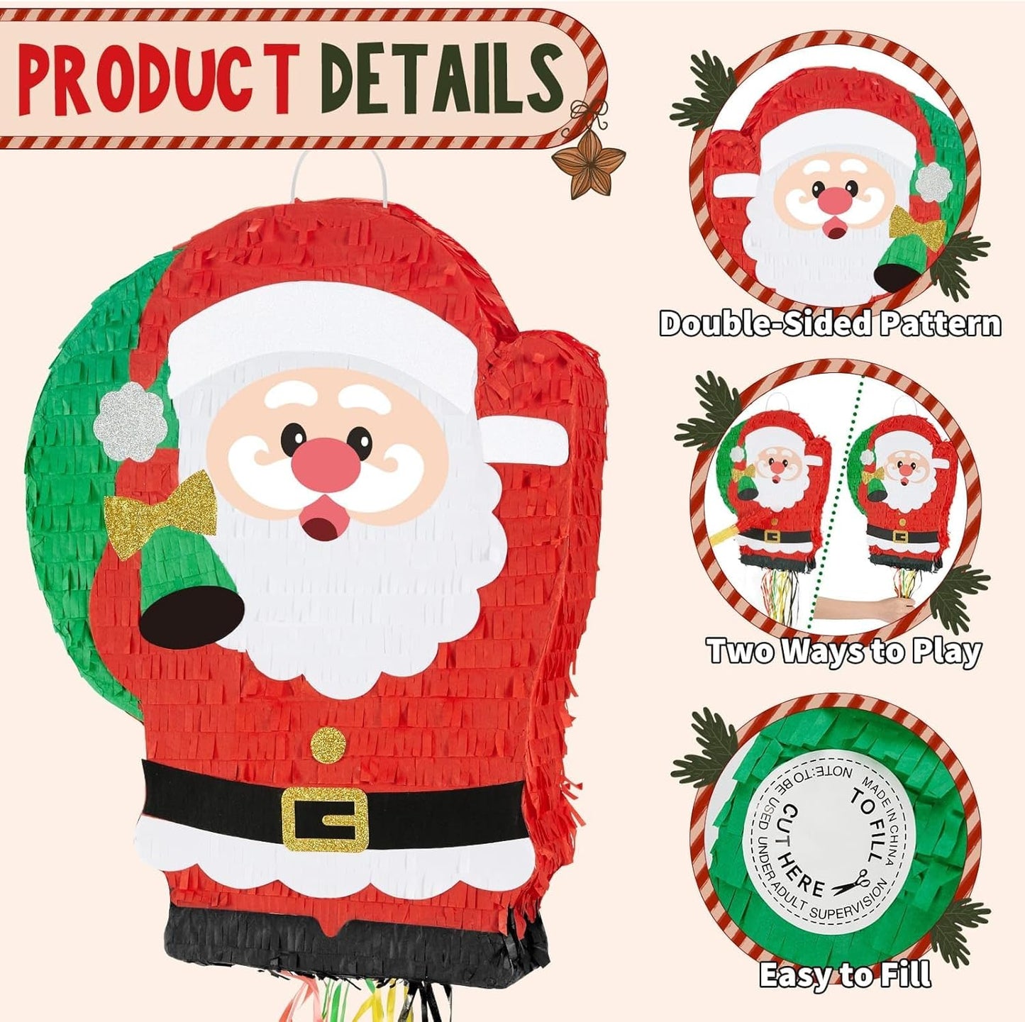 WERNNSAI Christmas Santa Pinata - Christmas Decorations Red Santa Claus Party Games for Kids Xmas Festival Supply Father Xmas GIft Delivery Xmas Large Pinata Pull String with Blindfold Bat
