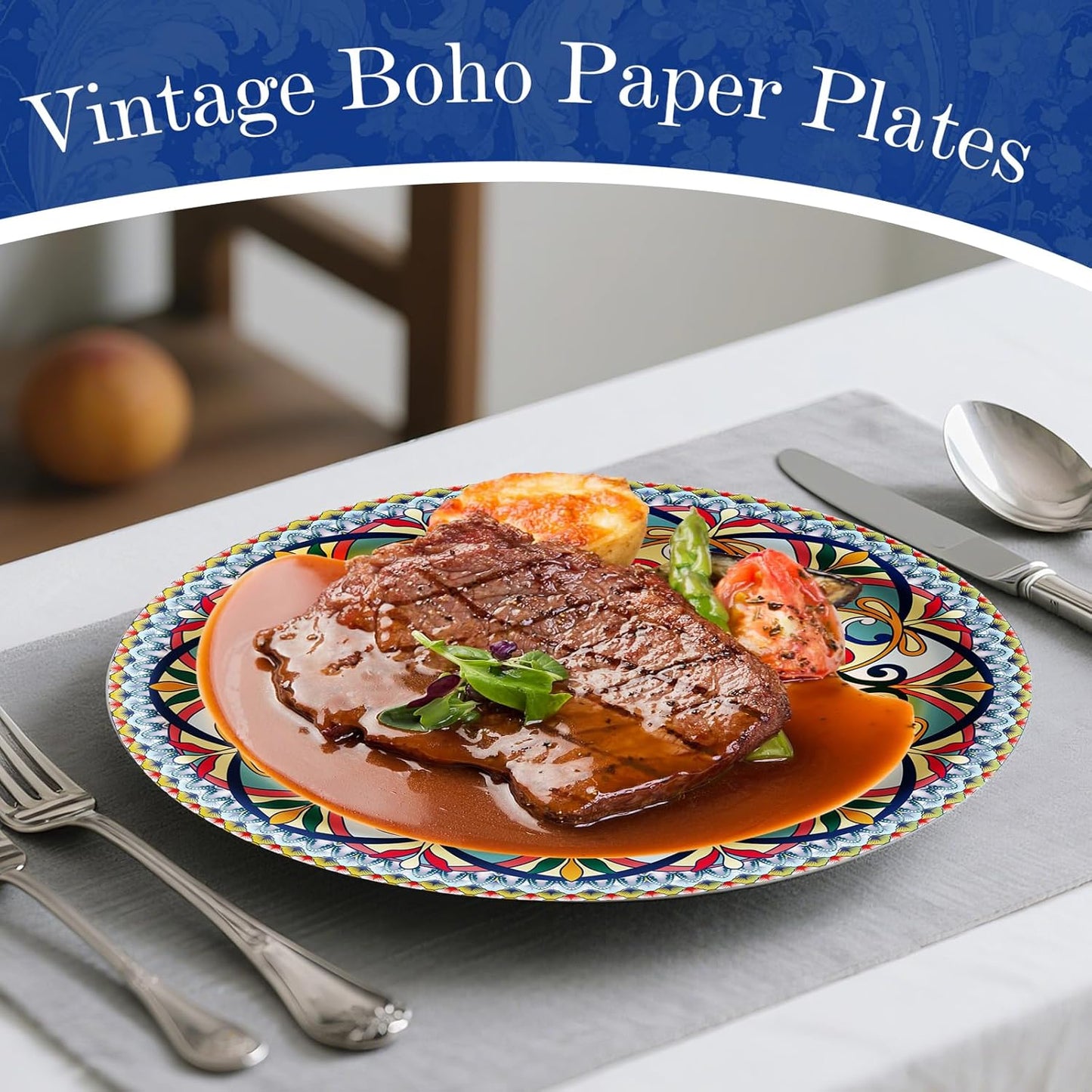 100PCS Boho Paper Plates (50×7 Inch & 50×9 Inch)–Vintage Bohemian Style Disposable Plates, Dessert Party Dinner Plates, Dinnerware Plate Set for Birthday Gatherings