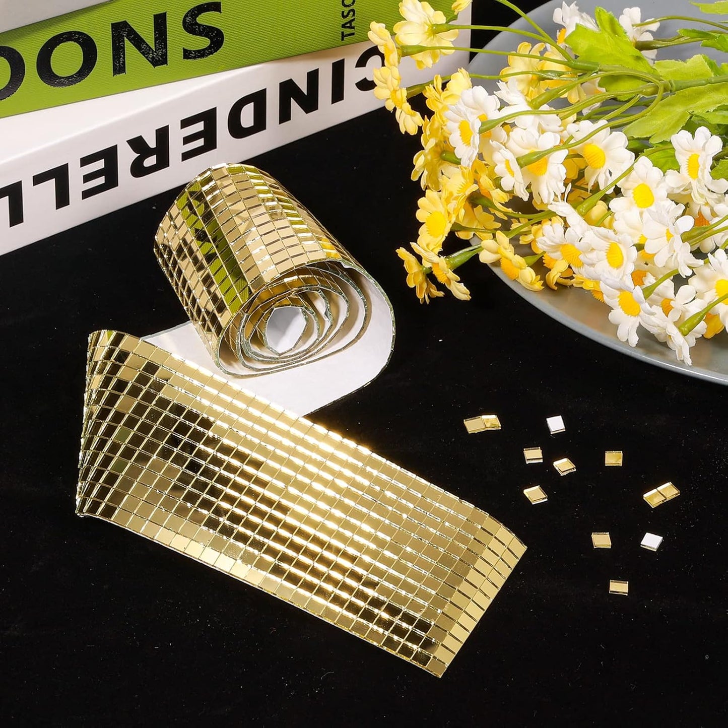 PP OPOUNT 2360 Pieces Self Adhesive Mosaic Tiles, Gold Disco Tiles, Square Glass Mosaic Mirror for Craft Decoration, DIY Disco Ball, Vase, Photo Frame (5 x 5 mm)