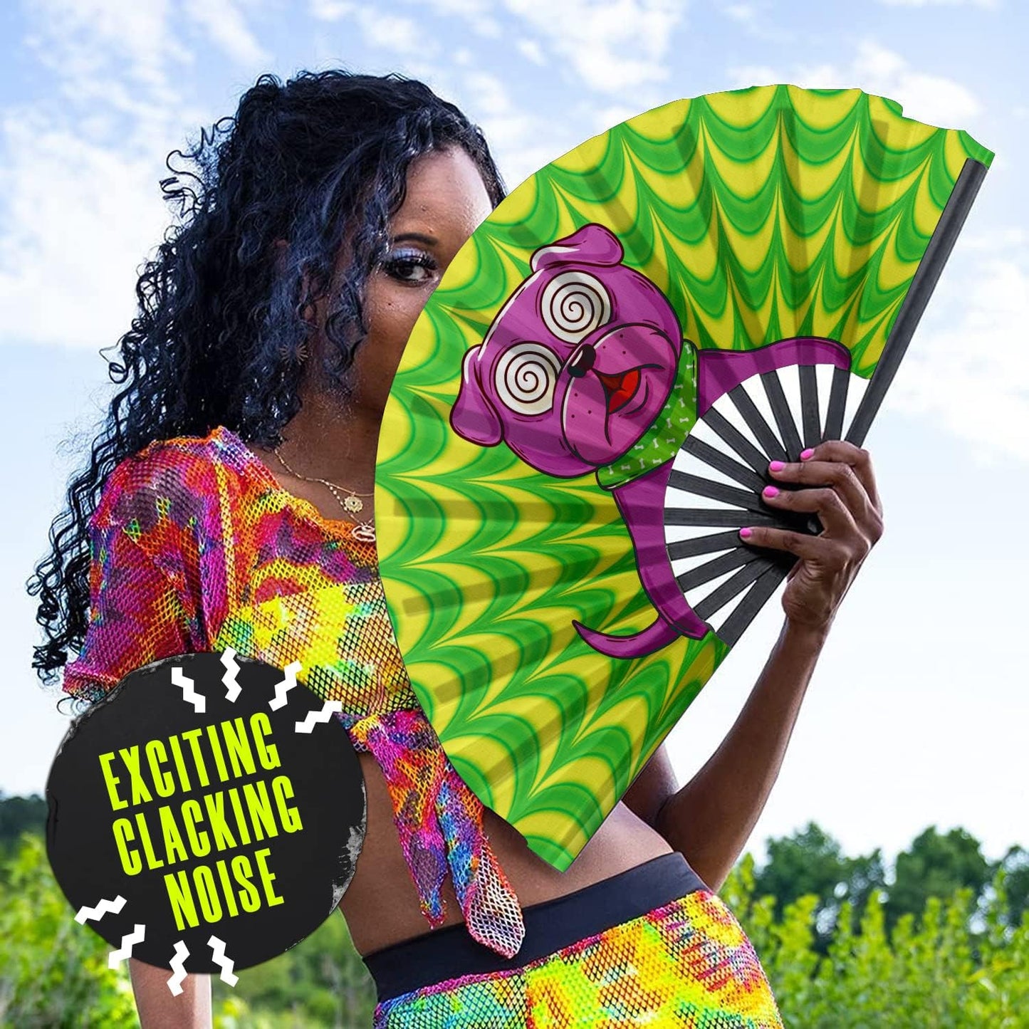 GloFX Rave Trippy Doggy Large Folding Fan - Music Festival Essentials, EDM Rave Accessories