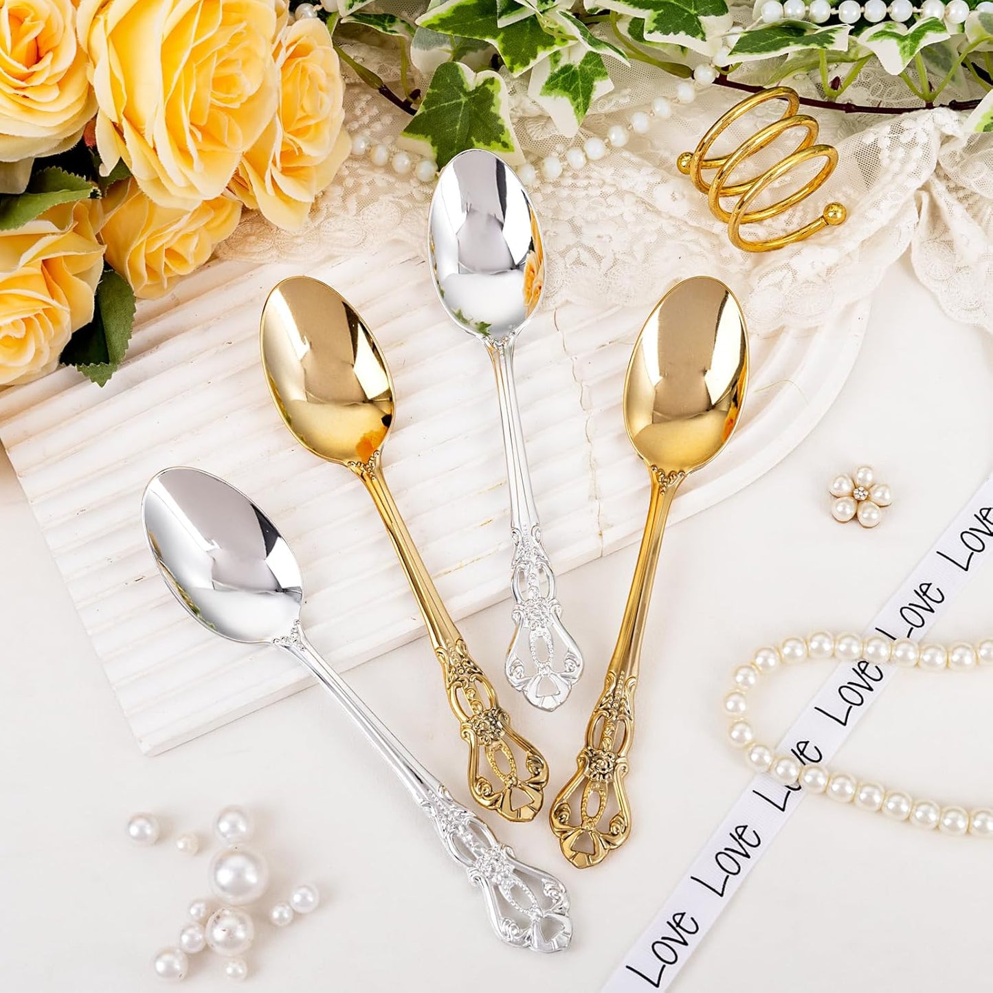 30PCS Gold Plastic Spoons - Gold Soup Spoons Disposable - 8.1 Inch Heavy Duty Plastic Silverware - Heavyweight Elegant Disposable Utensils for Catering, Parties, Dinners, Weddings