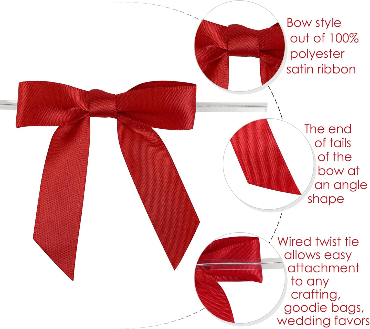 AIMUDI Red Bows 2.5" Satin Bow for Gift Wrapping Twist Tie Bows for Wedding Favors Candy Apples Party Valentine's Day Christmas Decorations - 50 Counts