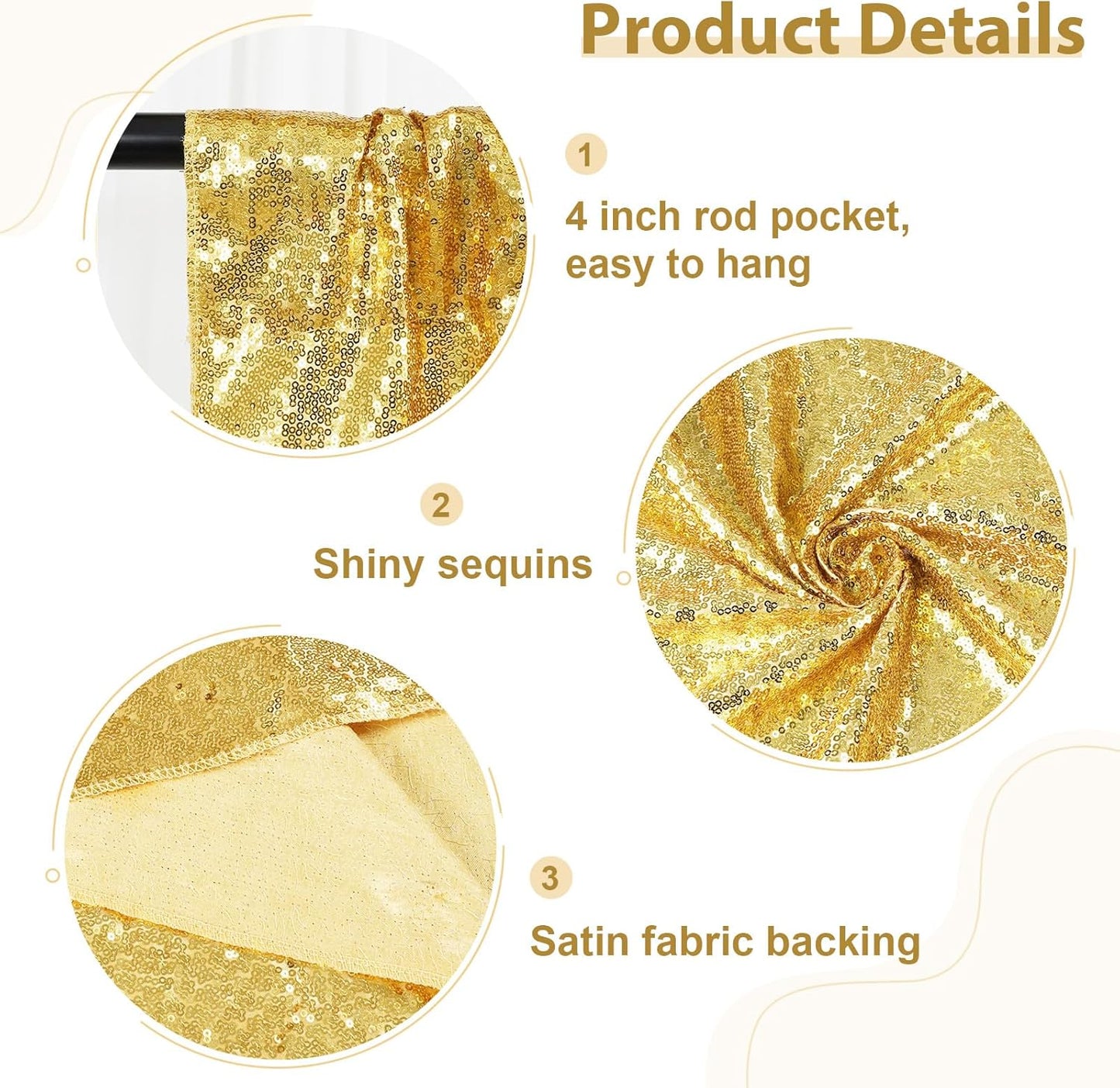 SquarePie Sequin Backdrop Curtain 8FT x 10FT Gold Satin Backing Fabric Photography Background for Wedding Patry 4FT x 10FT 2 Panels