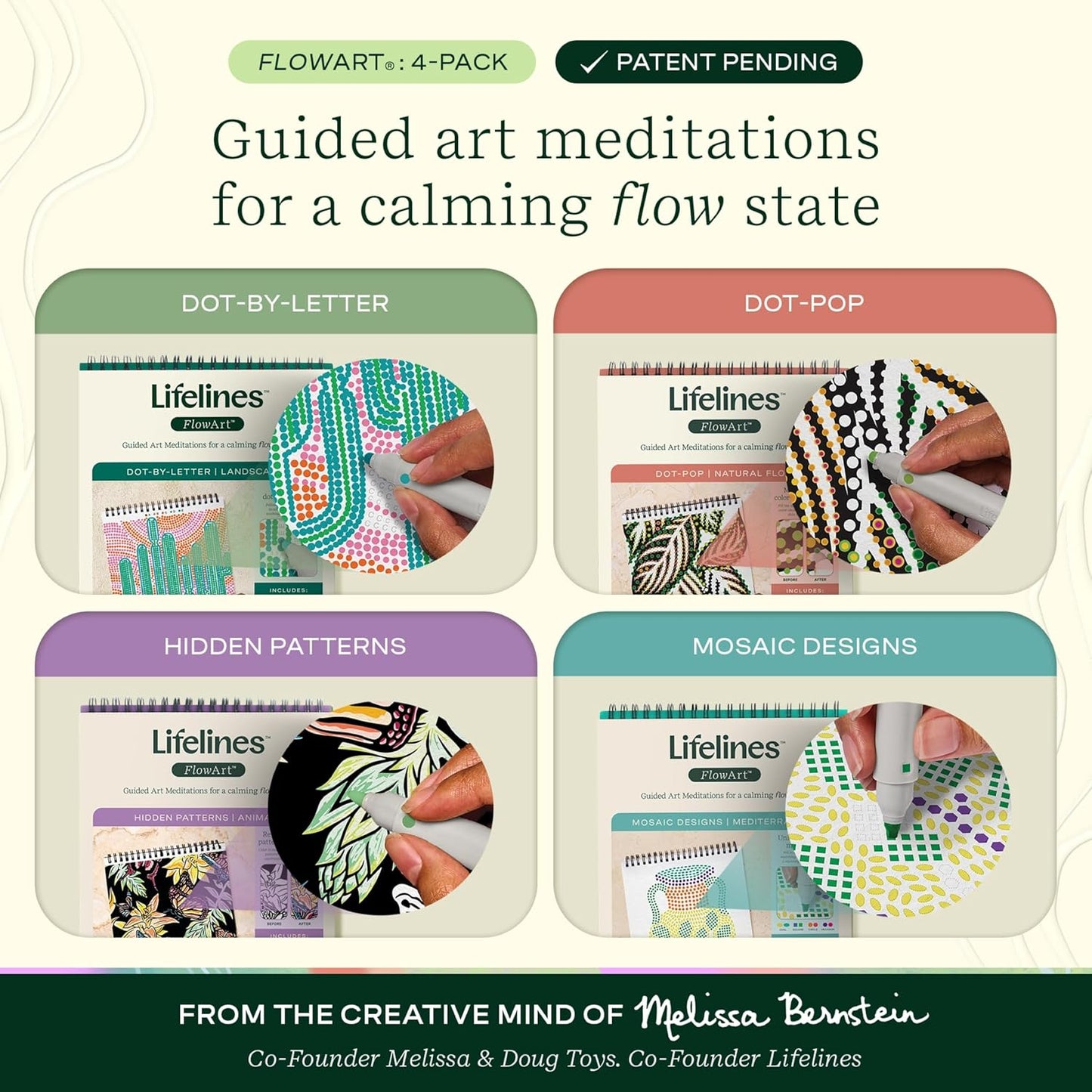 Lifelines FlowArt Activity Pad, 4-Pack - Guided Art Meditations with Markers - Color by Number/Letter, Dot Art and More Coloring Books for Teens, Adults & Seniors