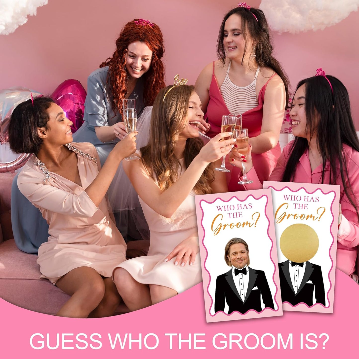 Who Has The Groom Bridal Shower Game Cards, 41Pcs Pink Wedding Shower Scratch Off Games, 3.5"x 2.1" Funny Bachelorette Party Favor Decor, Engagement Party Ideas Activities-A06