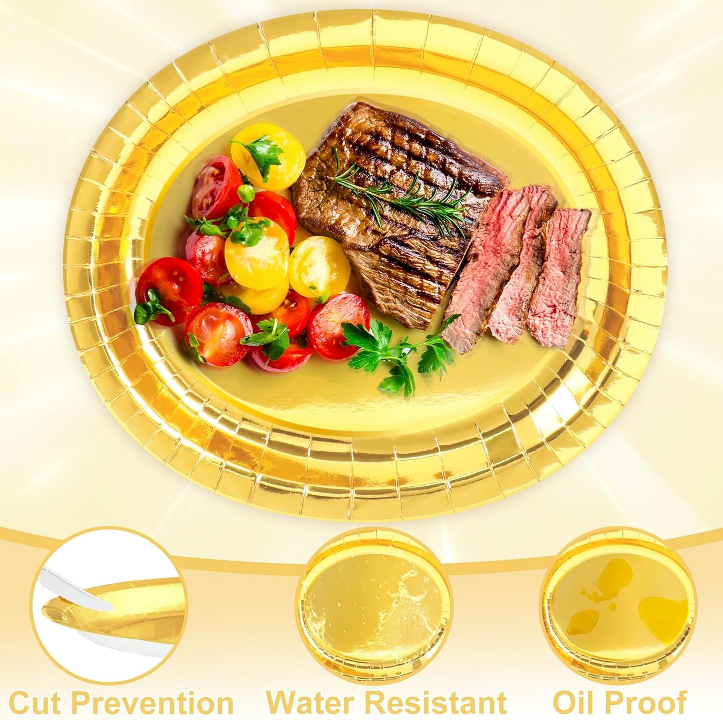 QZYL 50 Pcs Gold Foil Paper Plates, 12.2'' X 10.2'' Oval Large Paper Plates, Dinner Plates Party Decorations Disposable Plates for Birthday Wedding Picnic Graduation Ceremony Anniversary Daily Use