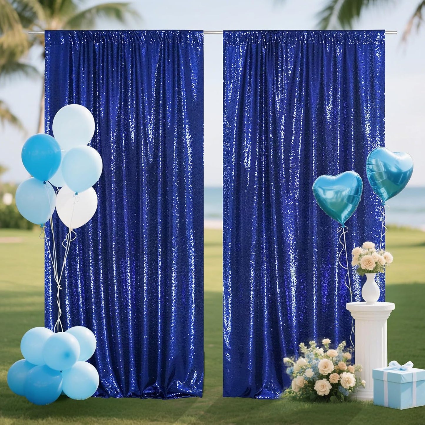 SquarePie Sequin Backdrop Curtain 8FT x 10FT Navy Blue Satin Backing Fabric Photography Background for Wedding Patry 4FT x 10FT 2 Panels