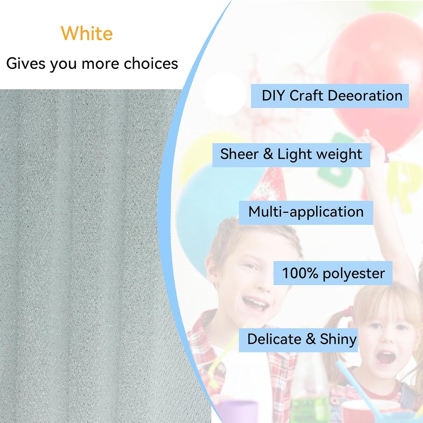 Glitter Tulle Fabric 56 Inch by 5.5 Yards Fabric Tulle Bolt for Wedding Christmas Decorations DIY White Tutu Baby Shower Table Skirt Ceiling Decor Birthday Party Craft Supplies-White