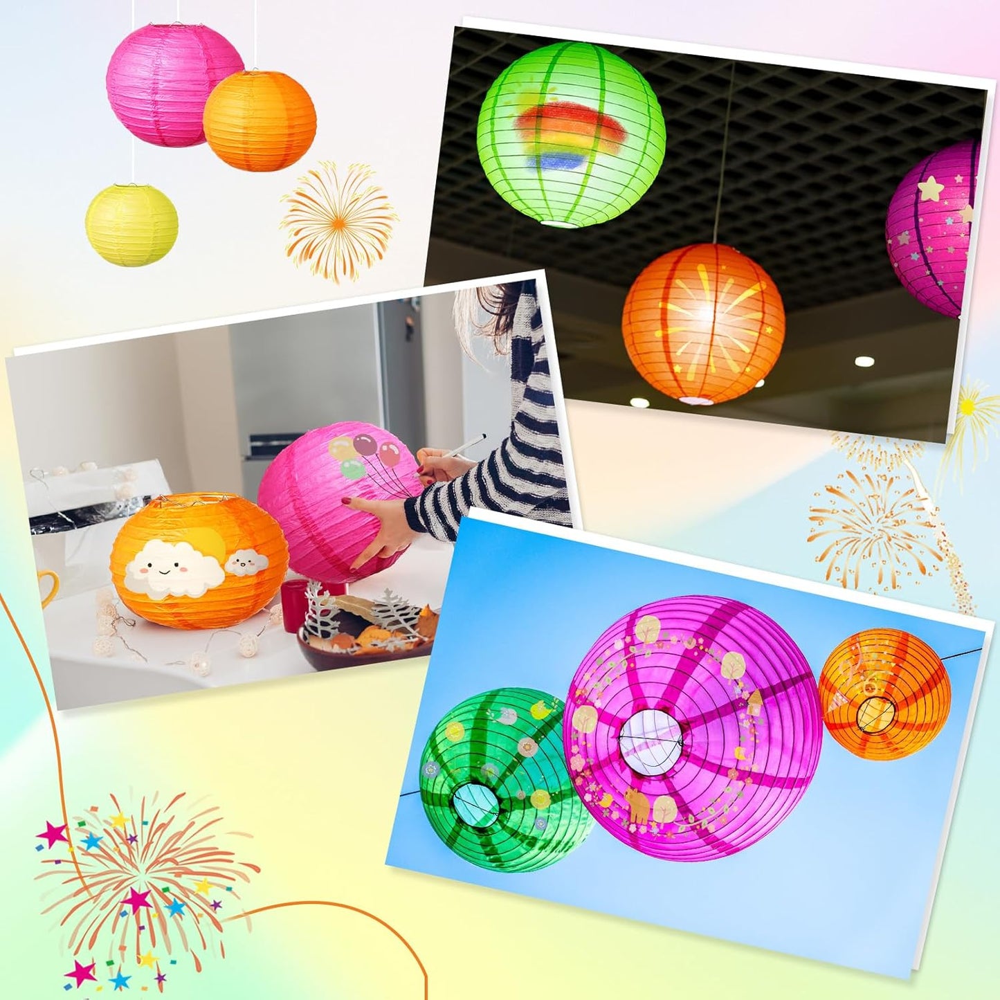 Riakrum 16 Pcs Neon Themed Paper Lanterns Birthday Party Decorations Mixed Size 6'' 8'' 10'' 12'' Colorful Chinese Hanging Paper Lanterns for Wedding Home Decorations Supplies