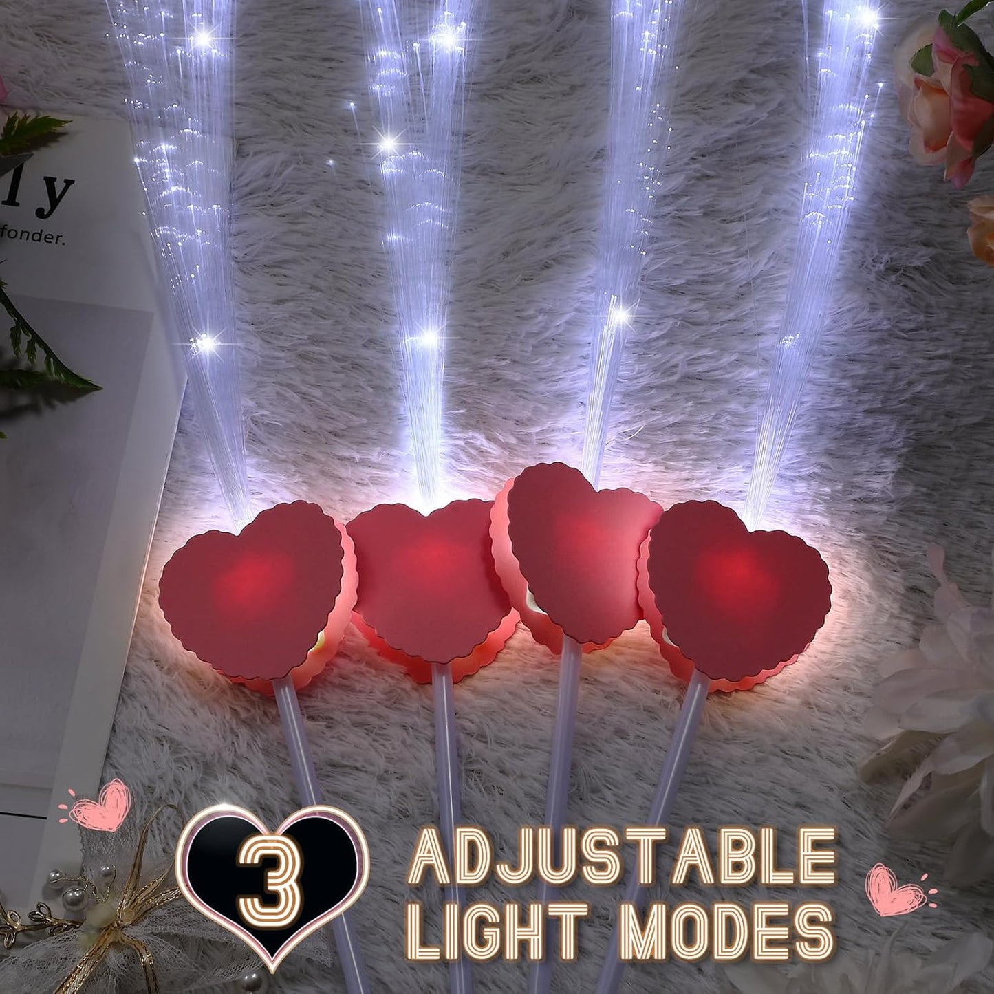 50 Pcs Wedding Sparklers Heart Shaped LED Glow Sticks Fiber Optic Wands Light up Wand with 3 Light Mode for Wedding Bridal Shower Birthday Glow in the Dark Party Supplies (Pink)