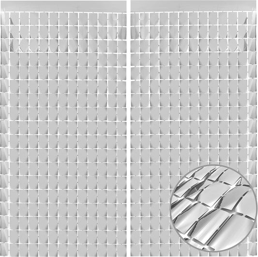 PADELO Silver Shimmer Wall Backdrop, Square Backdrop Curtain,2Pcs 3.3x6.6 Feet Silver Streamer Backdrop for Party Decorations