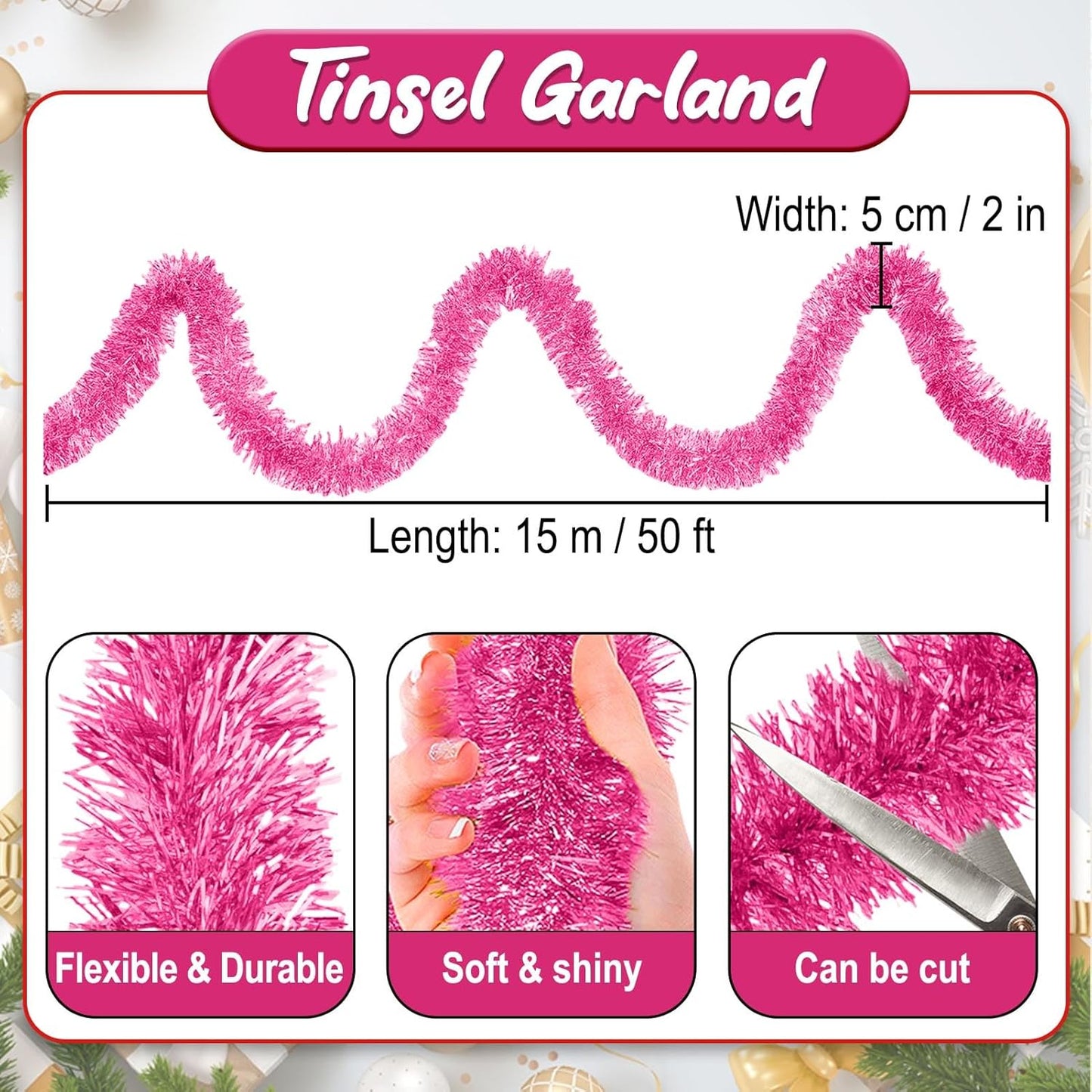 50 Feet Pink Christmas Tinsel Garland, Metallic Foil Twist Banner Wall Hanging Tinsel Streamers Backdrop for Parade Floats, Christmas, Mother's Day, Birthday Party Decorations(2in x 50ft)