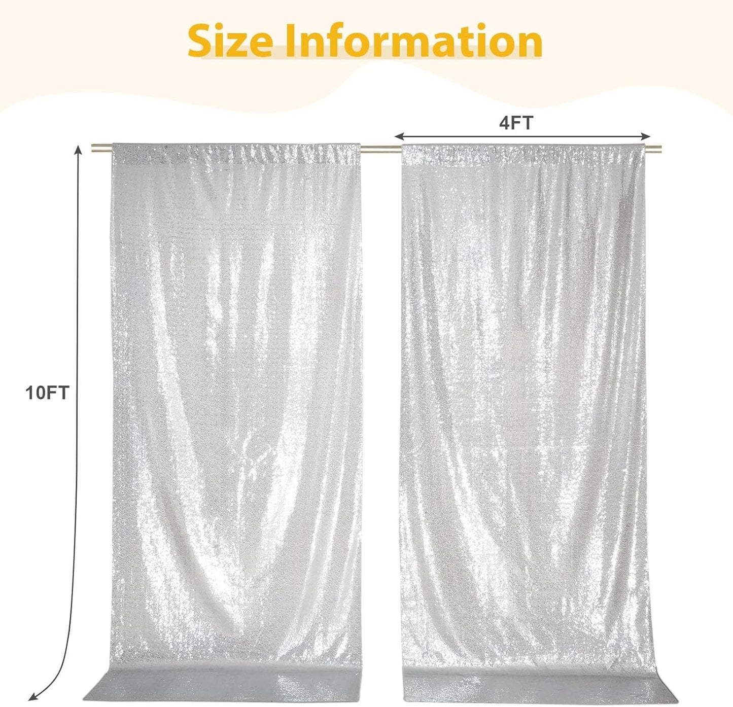 SquarePie Sequin Backdrop Curtain 8FT x 10FT Silver Satin Backing Fabric Photography Background for Wedding Patry 4FT x 10FT 2 Panels