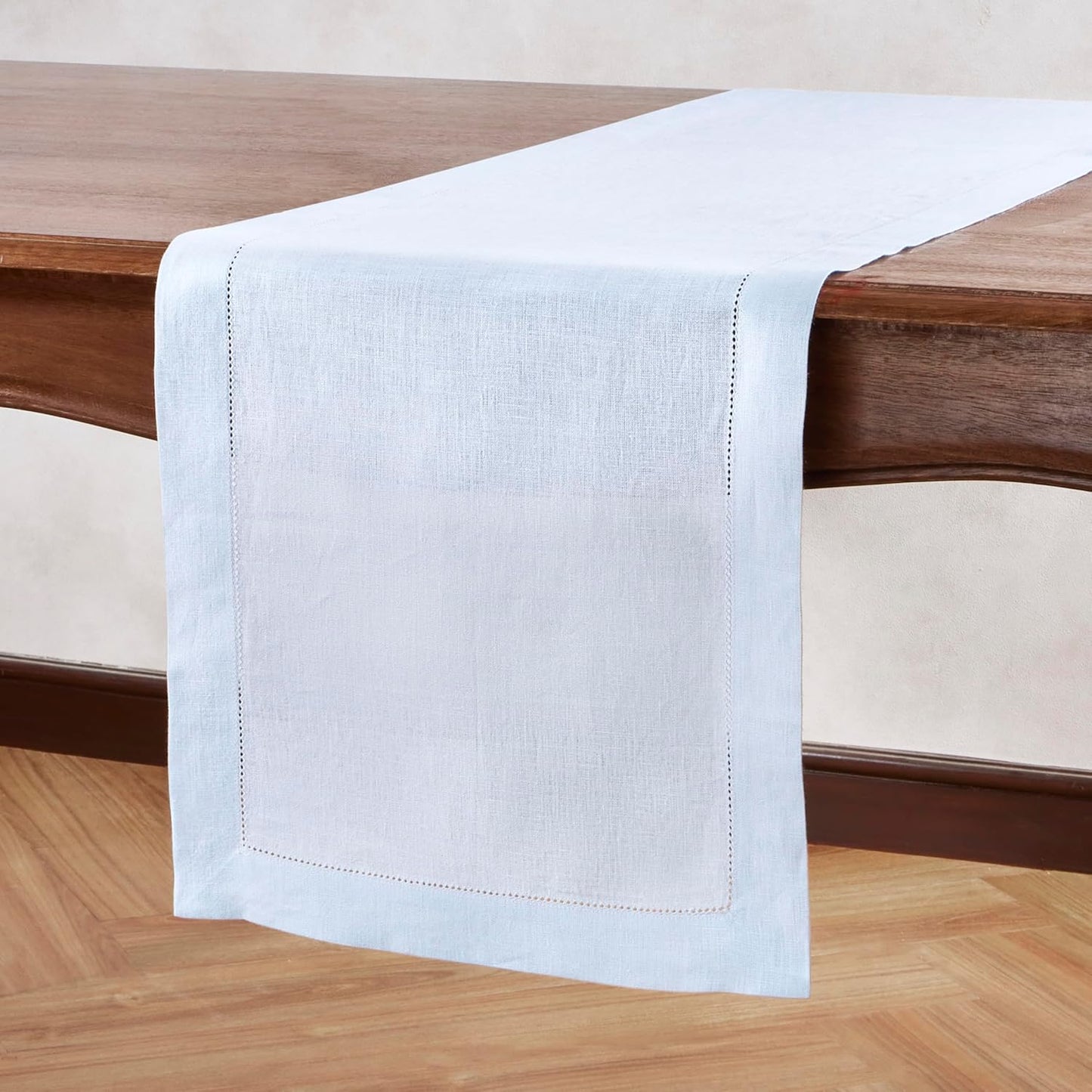 Linen Table Runner 90 inches Long – Hemstitch 100% Pure Linen Light Blue Dining Table Runner 14 x 90 Inch for Spring, Summer, Wedding Decorations, Gift – Elara