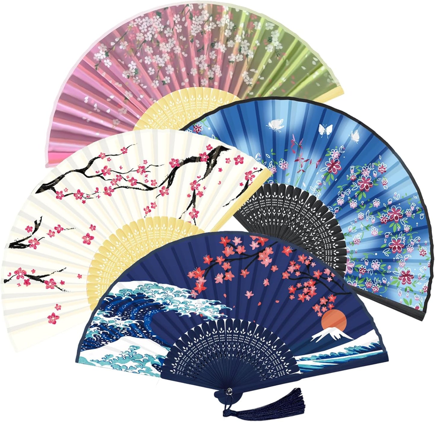 WEARXI Handheld Fan, 4 PCS Hand Fan, Chinese Folding Fan for Women Foldable, Silk Bamboo Hand Held Fan, Paper Hand Fan