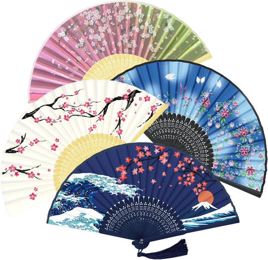 WEARXI Handheld Fan, 4 PCS Hand Fan, Chinese Folding Fan for Women Foldable, Silk Bamboo Hand Held Fan, Paper Hand Fan