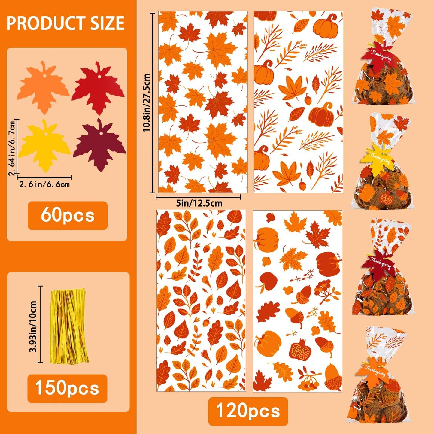 YUJUN 120 PCS Fall Cellophane Treat Bags,Maple Leaves Gift Goodie Candy Autumn Clear Cello Bags with 60 Pieces Maple Leaves Tags for Fall Autumn Thanksgiving Theme Party Favor Supplies(4 Styles)
