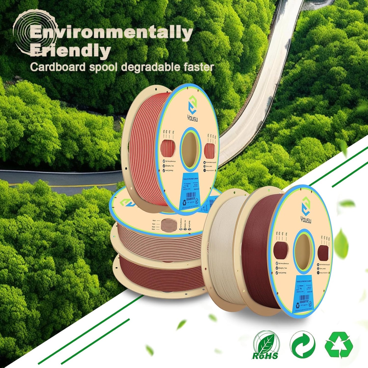 YOUSU Wood PLA Filament 1.75mm 1KG,Multicolor 3D Printer Filament,Real Wood Fibers Added 3D Printing Filament,Fits for Most FDM 3D Printers,Maple