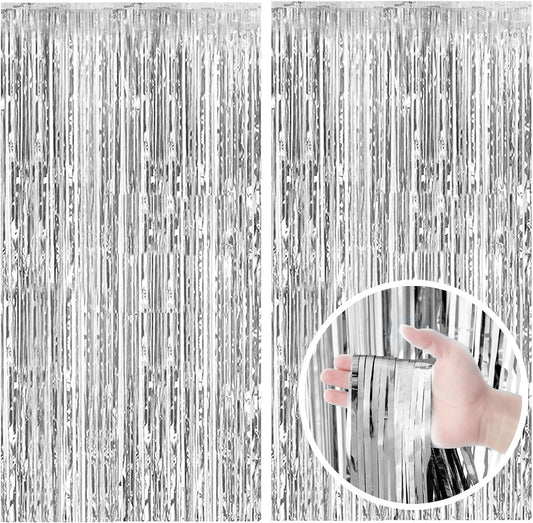 2 Pack Silver Backdrop Curtain Party Decorations Foil Fringe Backdrop Silver Tinsel Streamers Birthday Bachelorette New Year Christmas Wedding Baby Shower Disco Party Decorations