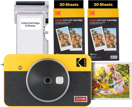 KODAK Mini Shot 2 Retro 4PASS 2-in-1 Instant Digital Camera and Photo Printer (2.1x3.4 inches) Initial 8 Sheets + 60 Sheets Bundle, Yellow