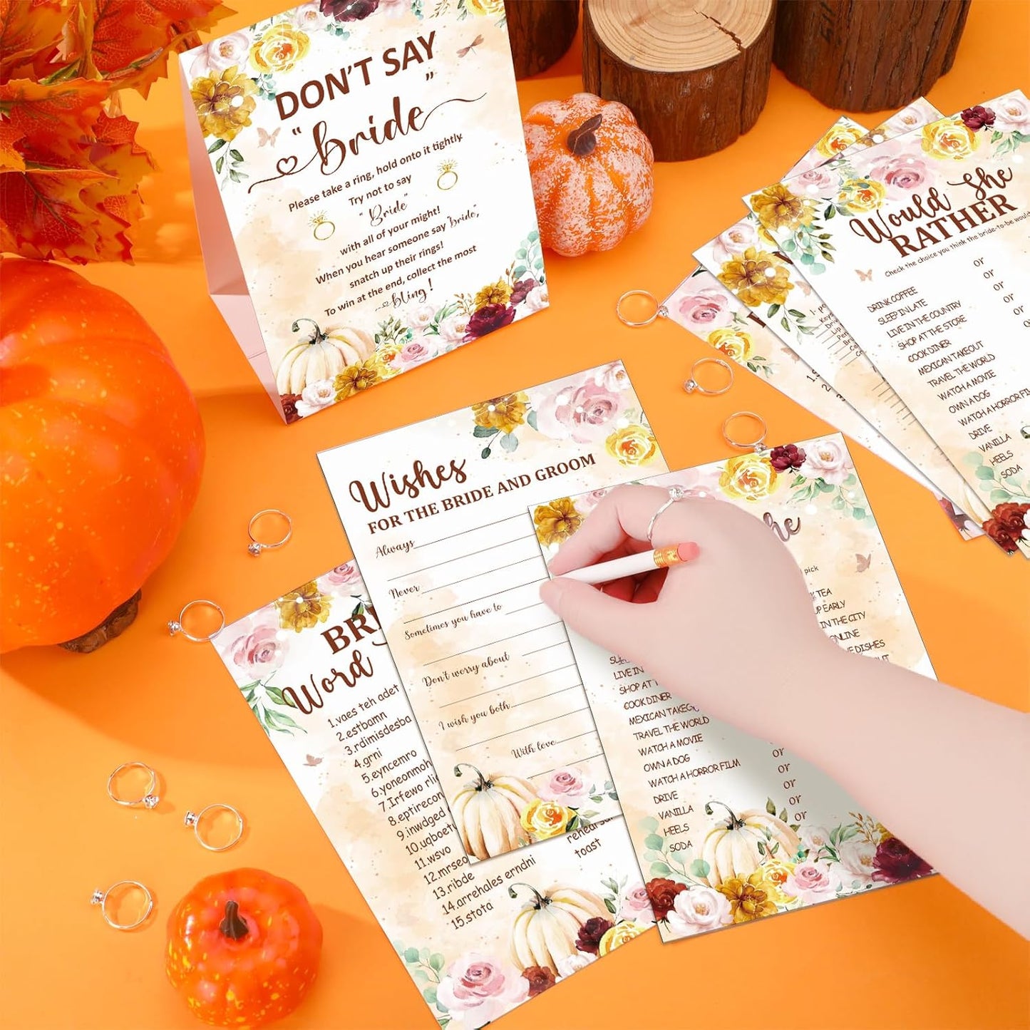 Estune 331 Pcs Bridal Shower Games Supplies, 5 Sets 250 Pcs Wedding Cards 1 Put a Ring on It Bridal Shower Games with 60 Rings and 20 Pencils(Fall in Love)