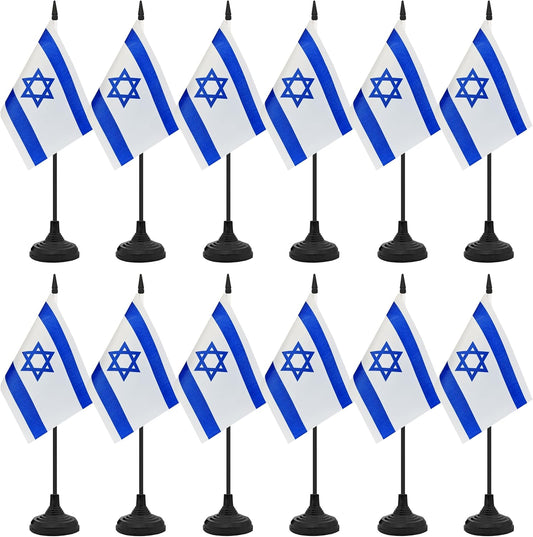 12 Pack Israel Desk Flag Set, Israeli Table Office Flag, Small Miniature Desktop Flag With Black Pole and Black Base, Classroom, Offices Meeting Desk Decoration (Israel)