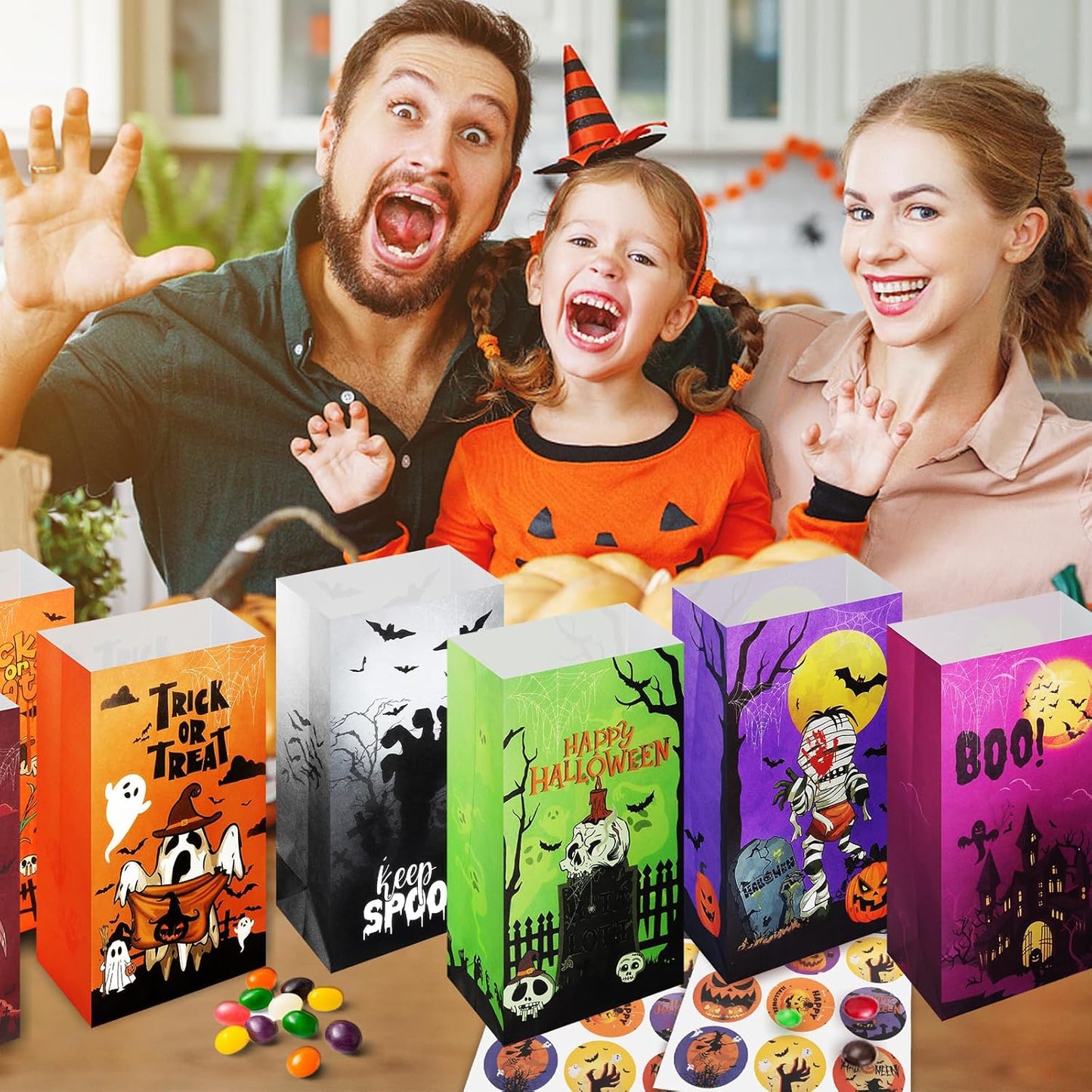 Halloween Treat Bags - 32Pcs Halloweens Trick or Treat Goody & Goodie Bag for Candy with Stickers, Halloween Party Favors Paper Trick or Treating Gifts Bags Halloween Candy Bags Party Supplies